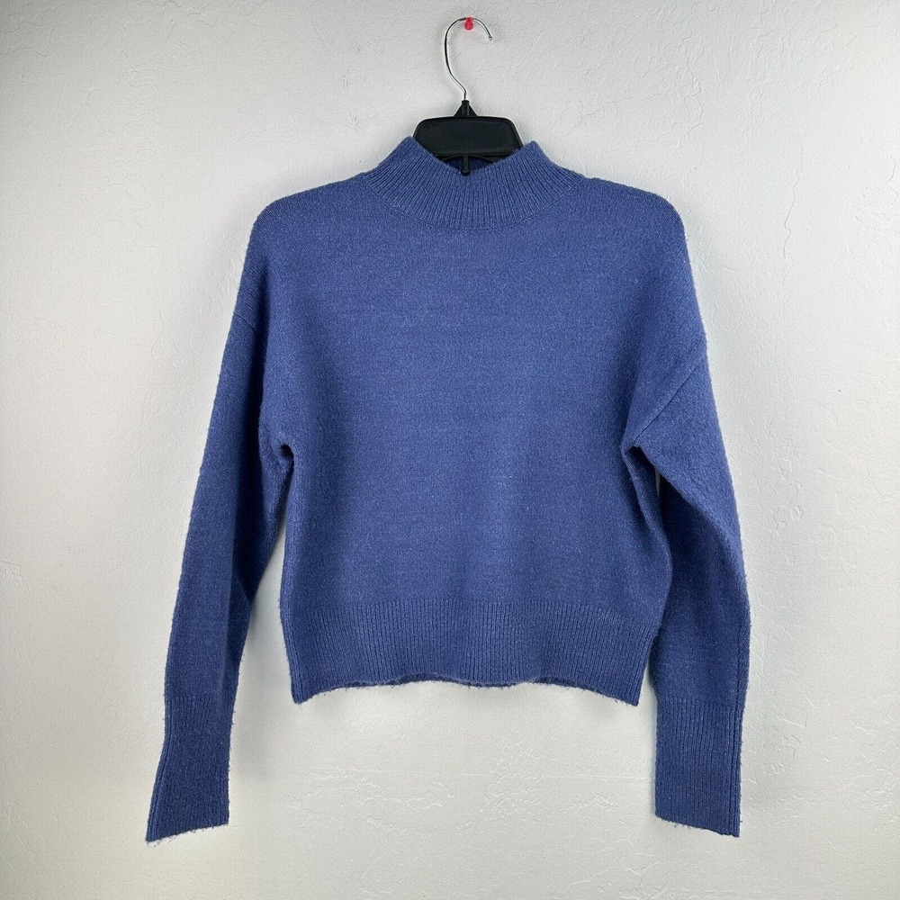 Sophie Rue Cropped Sweater Womens XS Blue Mock Neck Long Sleeve Pullover Stretch
